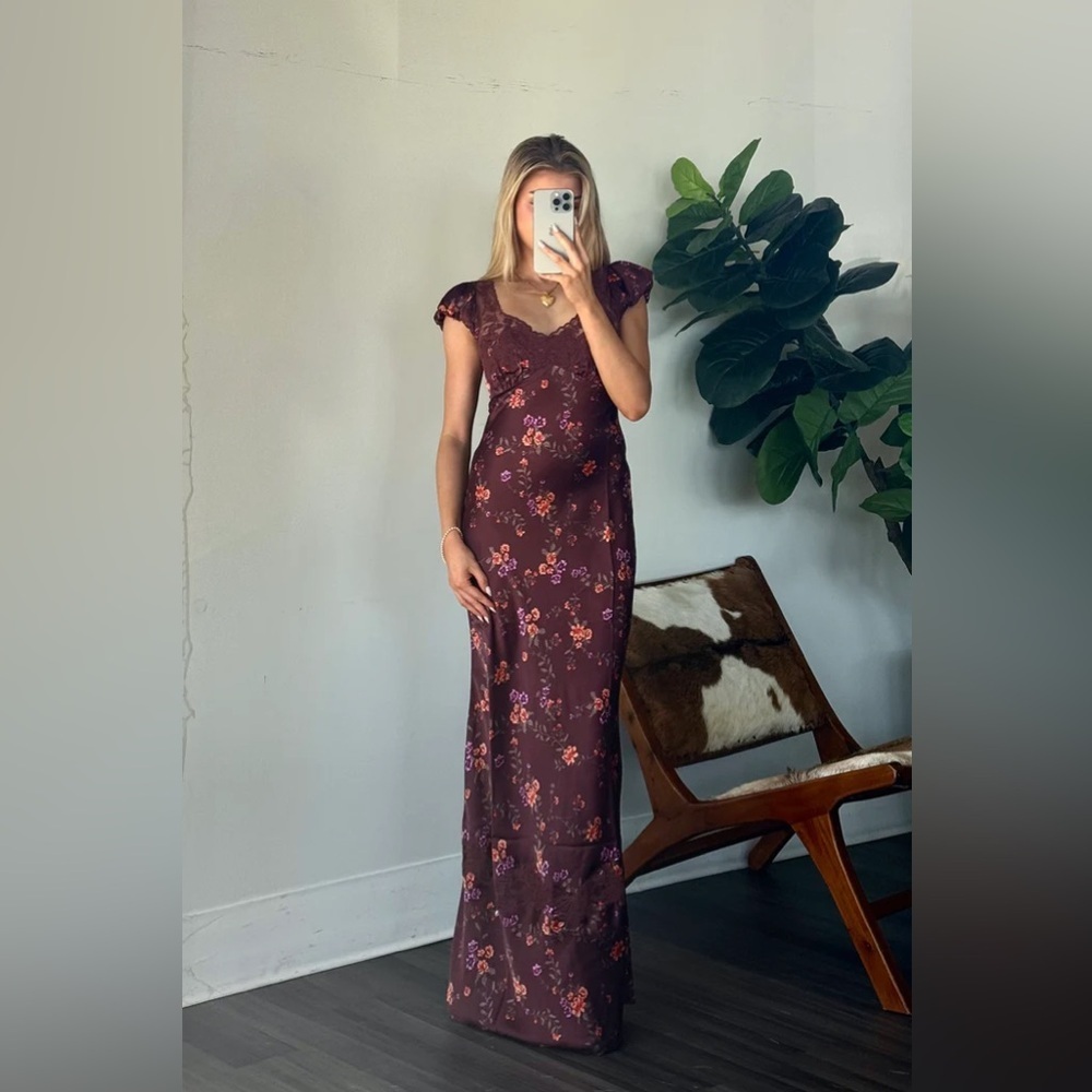 new Free People Butterfly Babe satin lace maxi slip dress in brown floral combo